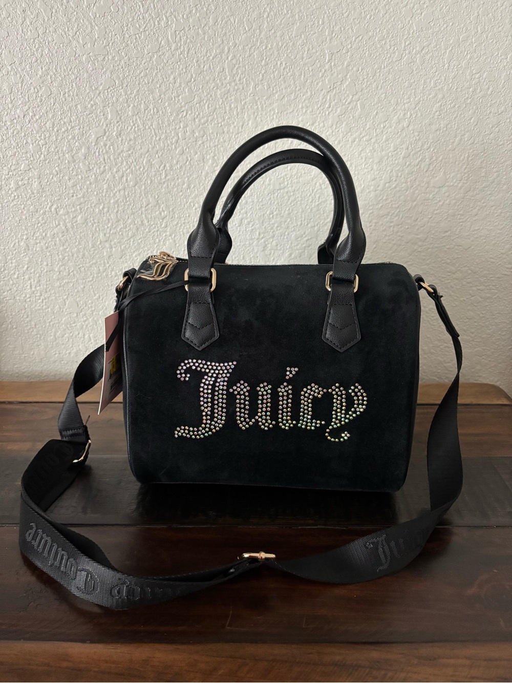 ✨NWT Juicy Couture Black Suede Satchel with Iridescent Rhinestone Logo✨